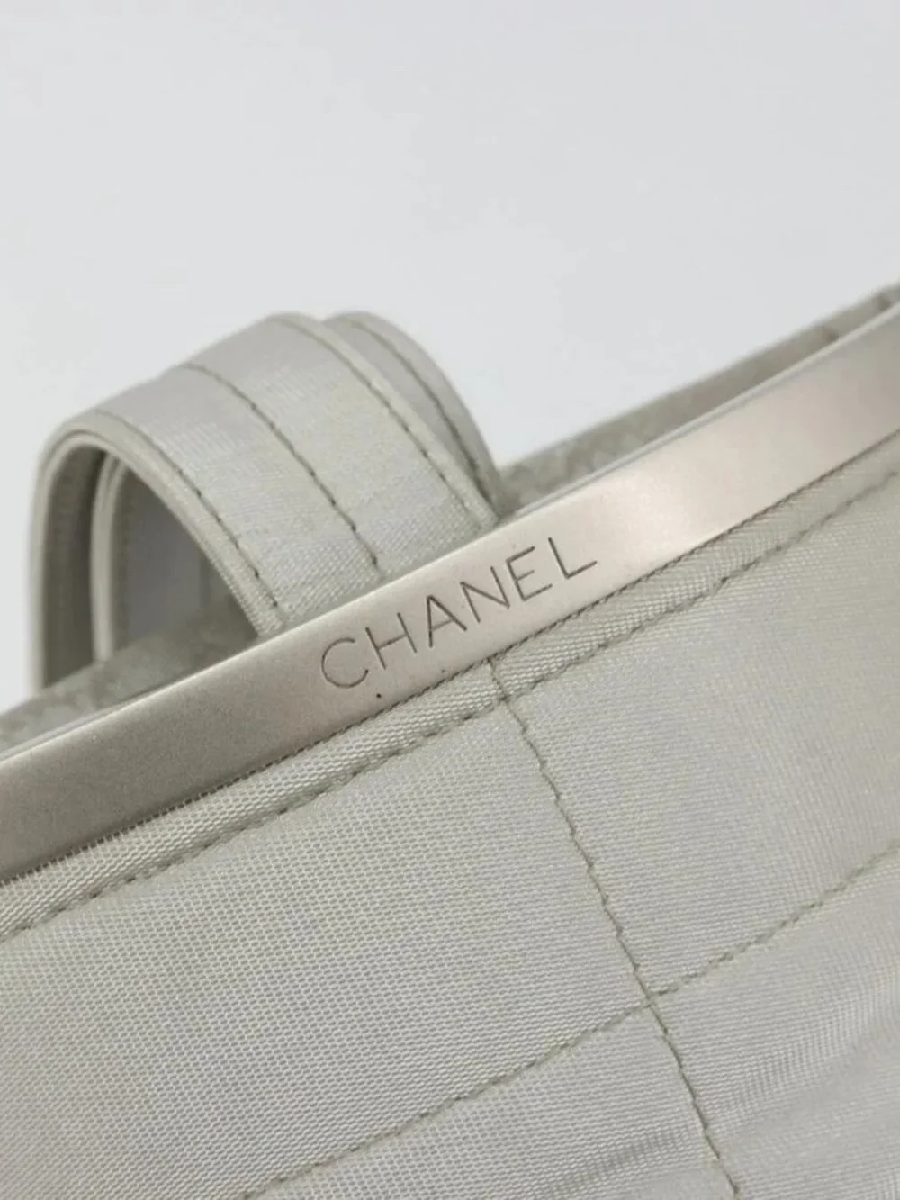 CHANEL Choco Bar Hand Pouch Nylon Silver CC Auth bs35353